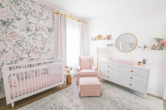 floral pink, white and grey nursery