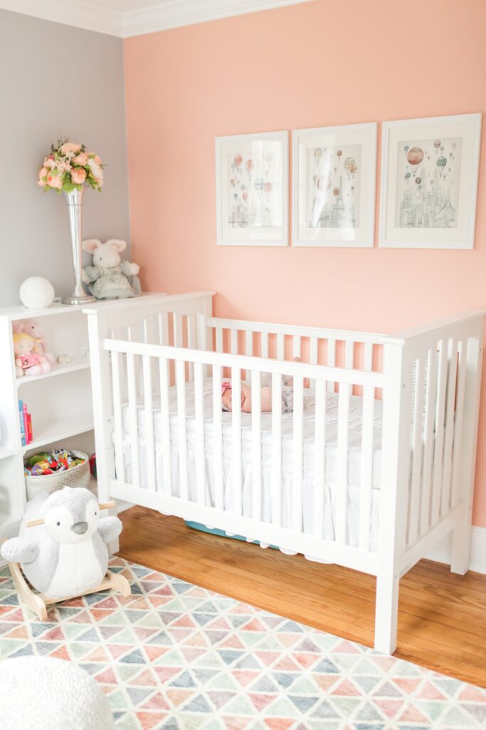 sleek pink, light grey and crisp white nursery idea