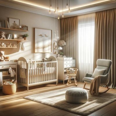 gender neutral nursery with neutral colored curtains